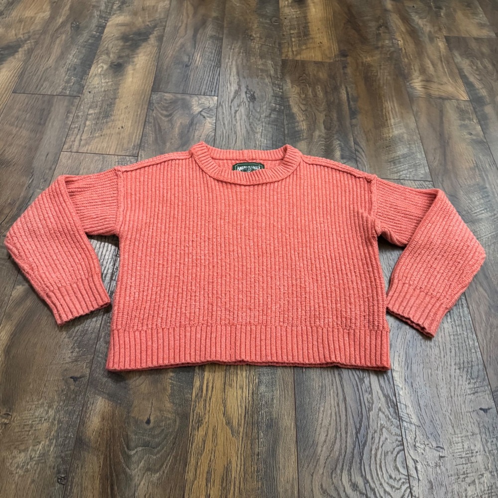 American Eagle Coral Pink Chunky Ribbed Knit Crewneck Sweater XS Cropped Cottage